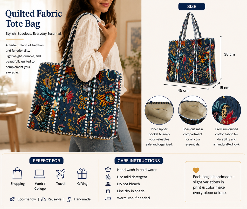 Blue Boho Handmade Quilted Tote Bag - Soft Cotton Fabric with Vibrant Floral Print for Everyday Use & Travel