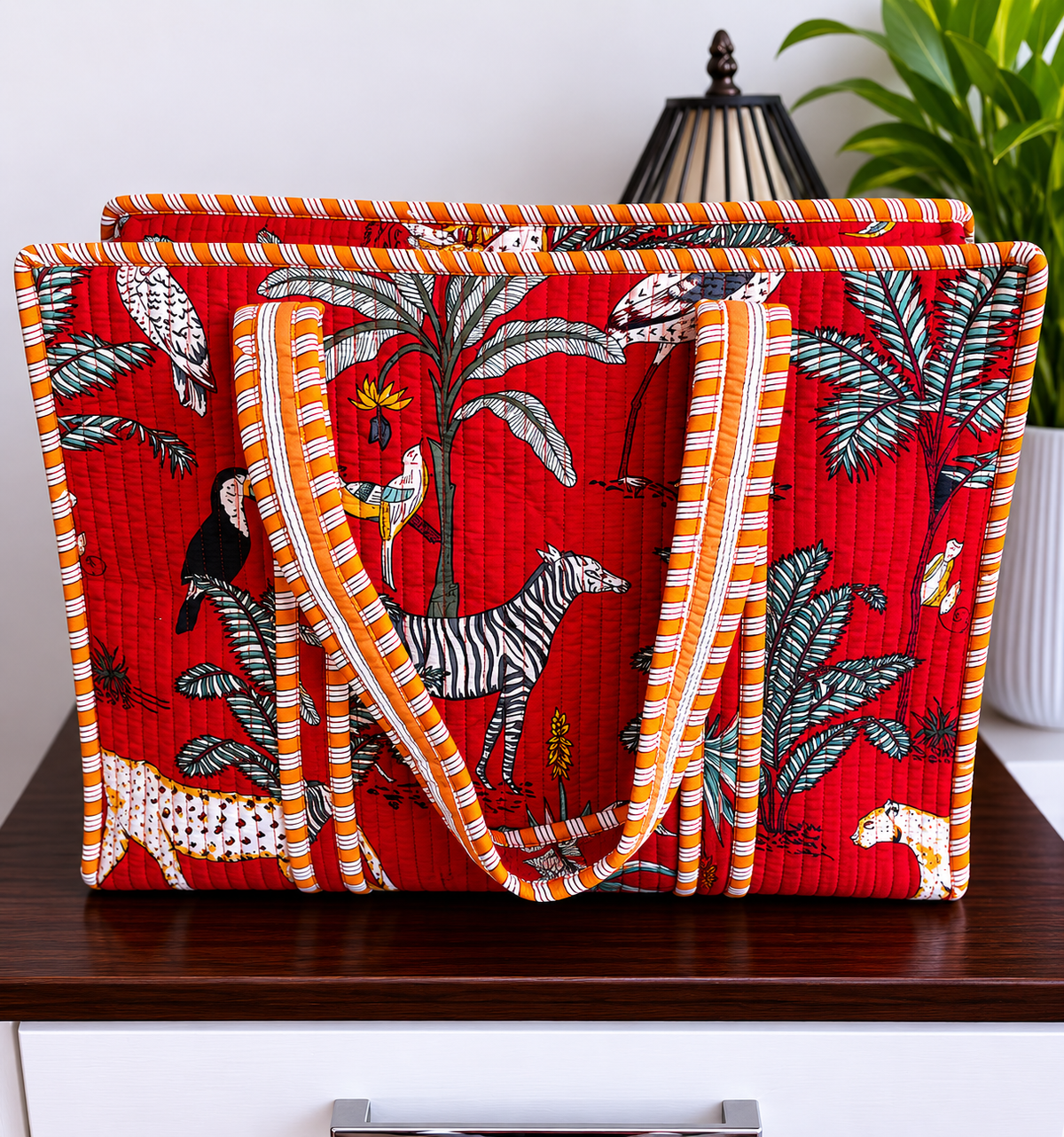 Handmade Red Tiger Print Quilted Cotton Tote Bag