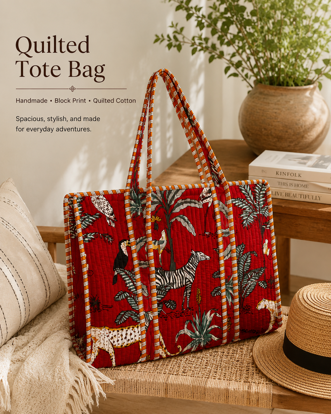 Handmade Red Tiger Print Quilted Cotton Tote Bag