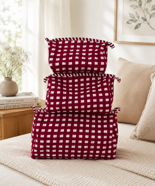 3-Piece Quilted Cotton Travel Pouch Set – Red Checkered Cosmetic & Toiletry Bags, Makeup Organizer, Passport & Accessories Storage