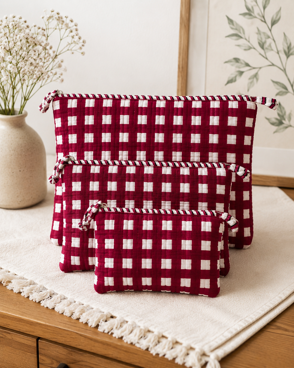 3-Piece Quilted Cotton Travel Pouch Set – Red Checkered Cosmetic & Toiletry Bags, Makeup Organizer, Passport & Accessories Storage