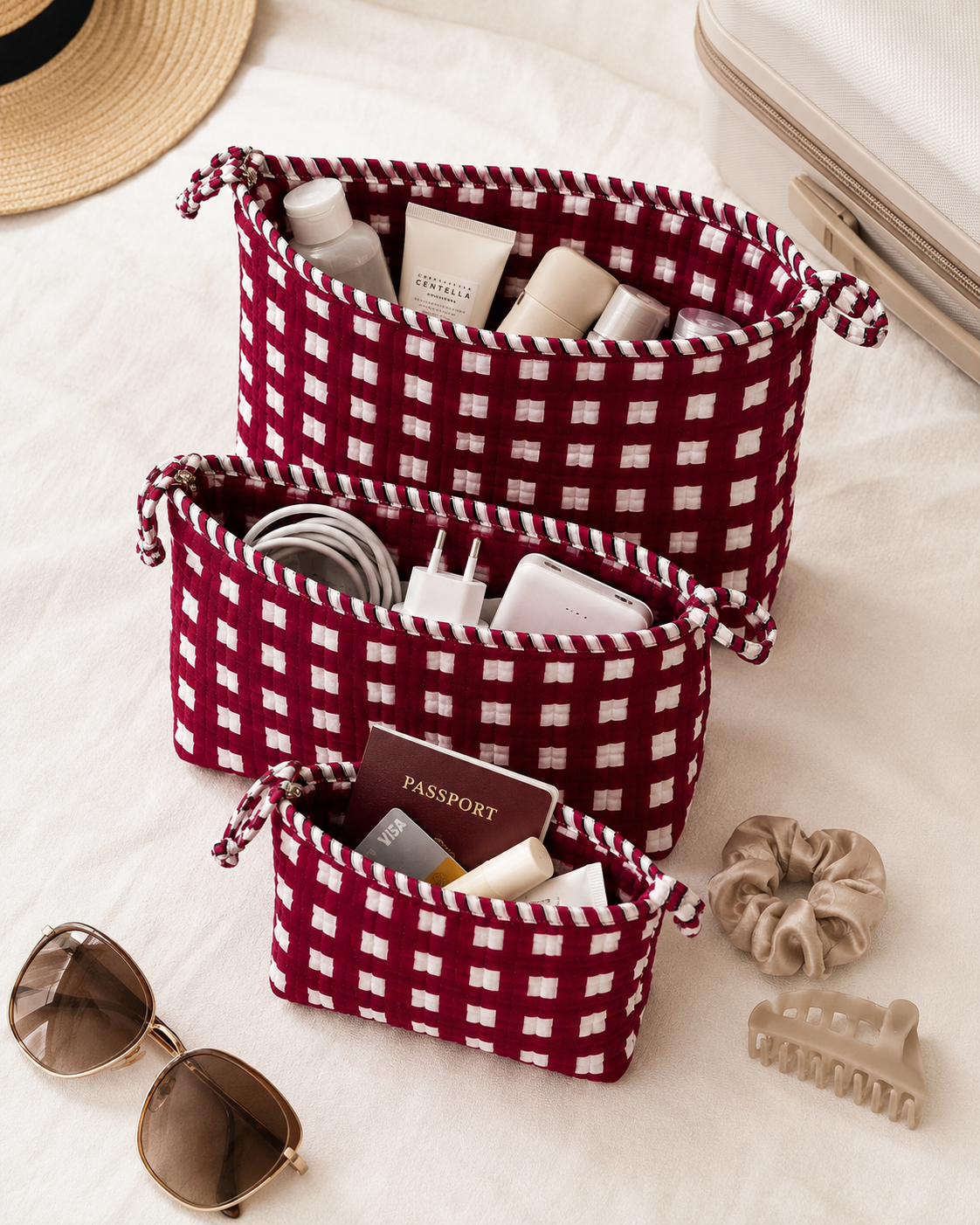 3-Piece Quilted Cotton Travel Pouch Set – Red Checkered Cosmetic & Toiletry Bags, Makeup Organizer, Passport & Accessories Storage
