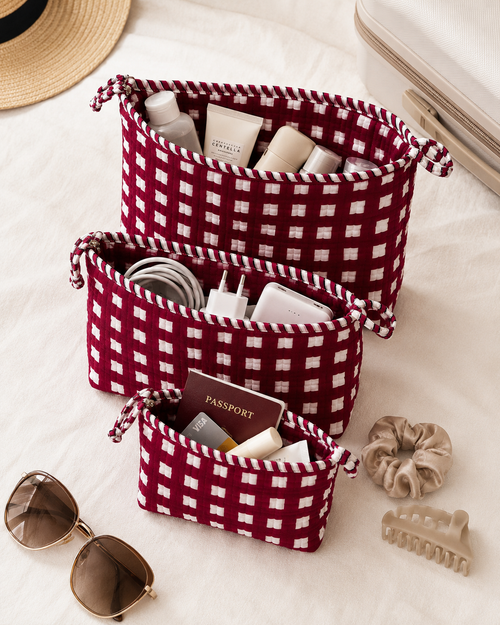 3-Piece Quilted Cotton Travel Pouch Set – Red Checkered Cosmetic & Toiletry Bags, Makeup Organizer, Passport & Accessories Storage