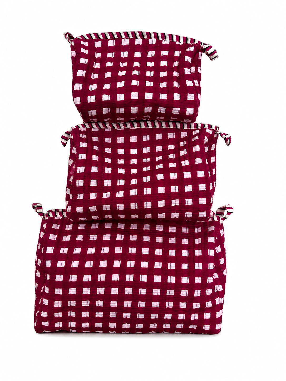 3-Piece Quilted Cotton Travel Pouch Set – Red Checkered Cosmetic & Toiletry Bags, Makeup Organizer, Passport & Accessories Storage