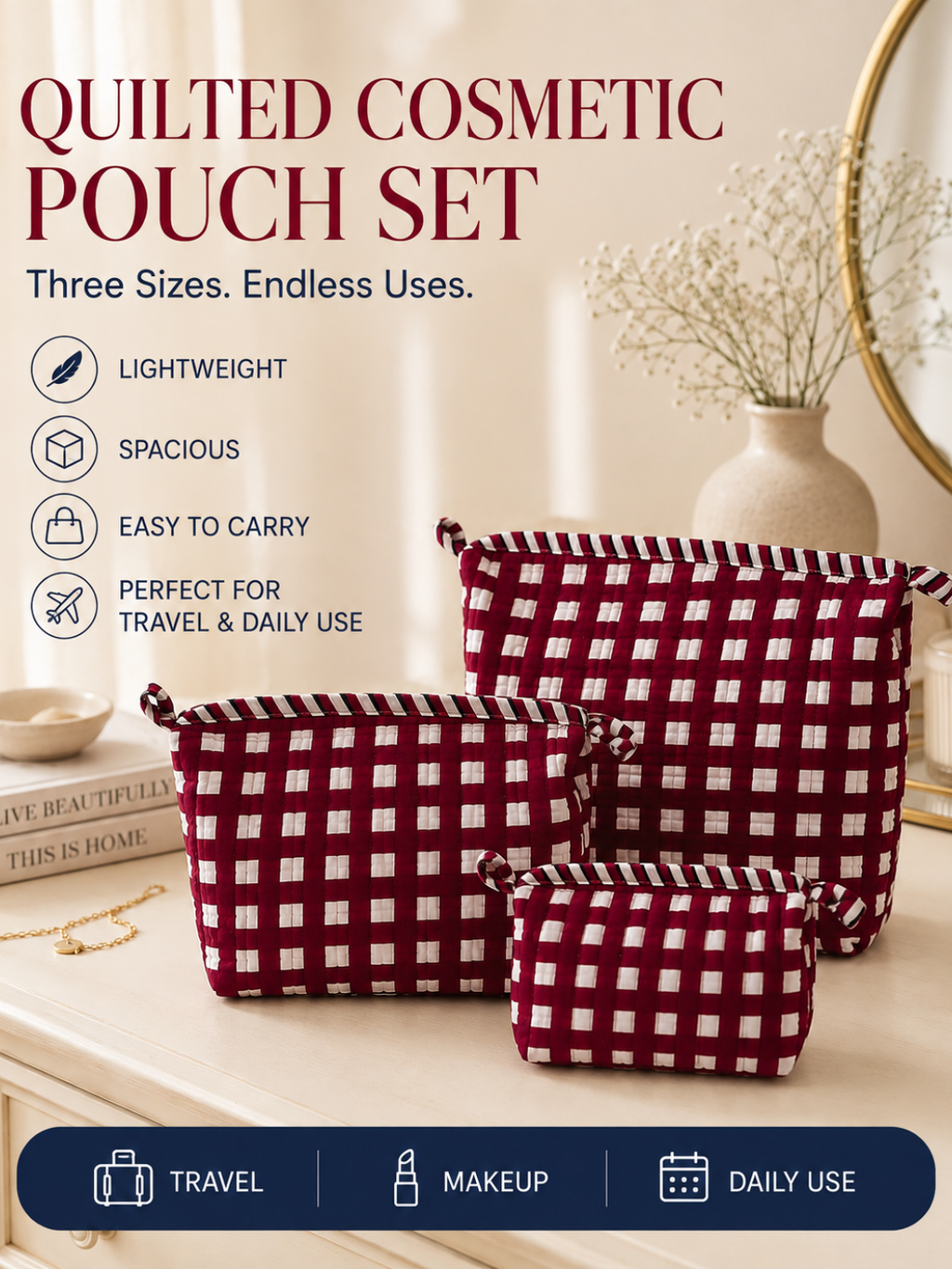 3-Piece Quilted Cotton Travel Pouch Set – Red Checkered Cosmetic & Toiletry Bags, Makeup Organizer, Passport & Accessories Storage