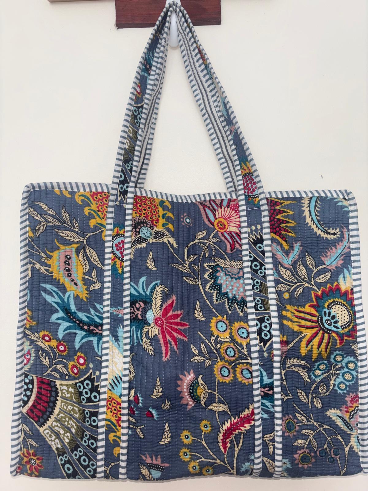 Blue Boho Handmade Quilted Tote Bag - Soft Cotton Fabric with Vibrant Floral Print for Everyday Use & Travel