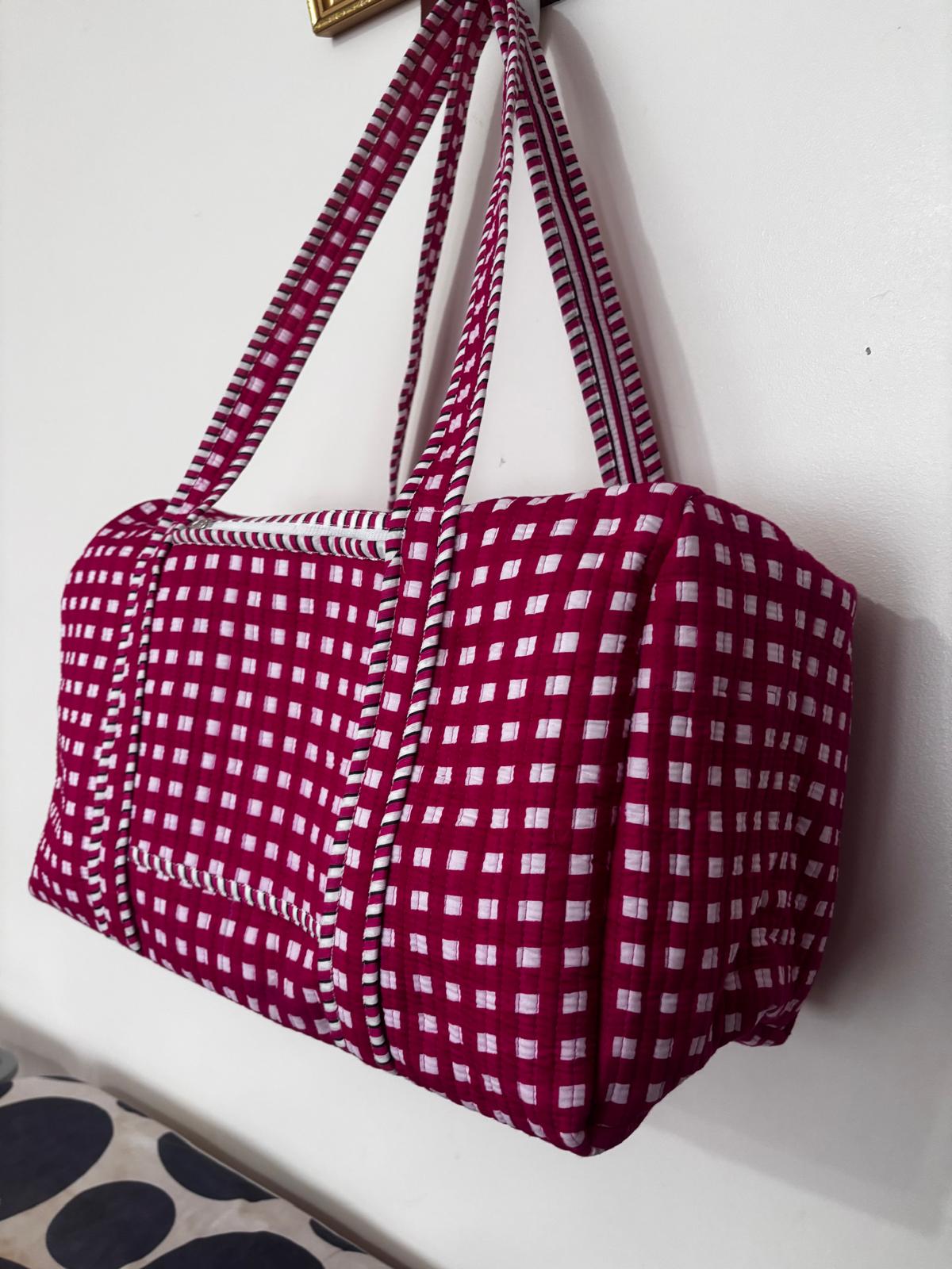 Quilted Travel Duffle Bag – Red Check Print Handmade Cotton Weekender Bag