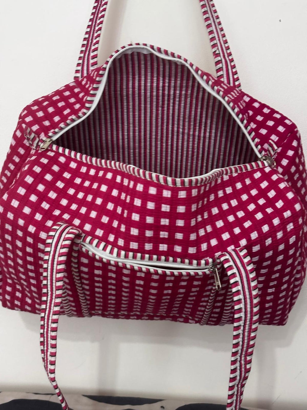 Quilted Travel Duffle Bag – Red Check Print Handmade Cotton Weekender Bag