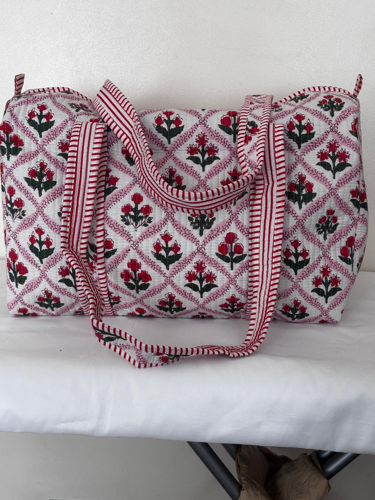 Red Floral Quilted Weekender Bag | Handmade Block Print Cotton Travel Duffel