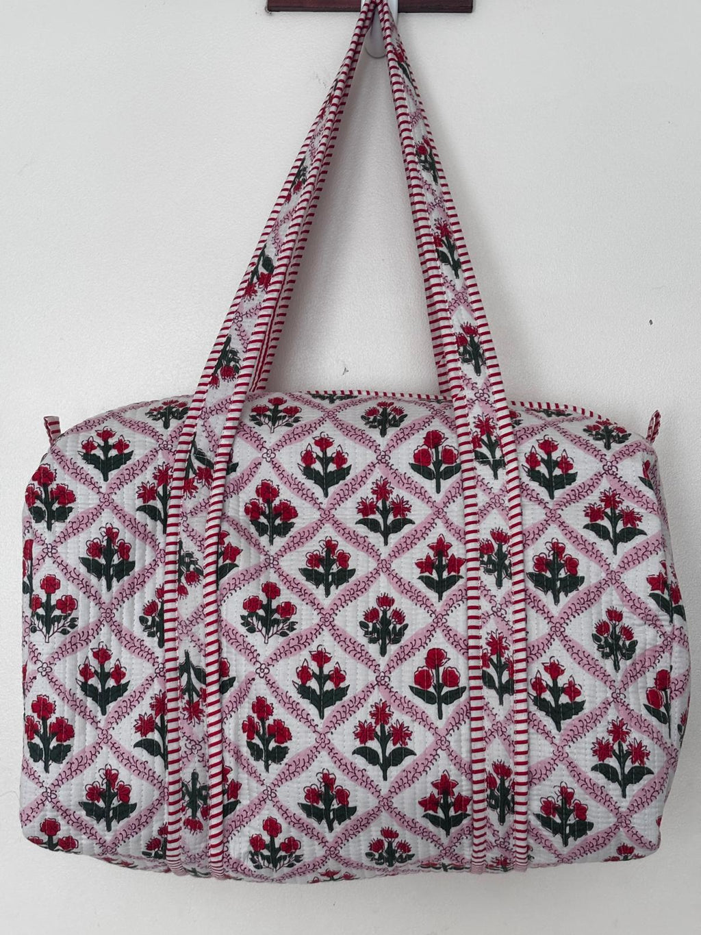 Red Floral Quilted Weekender Bag | Handmade Block Print Cotton Travel Duffel