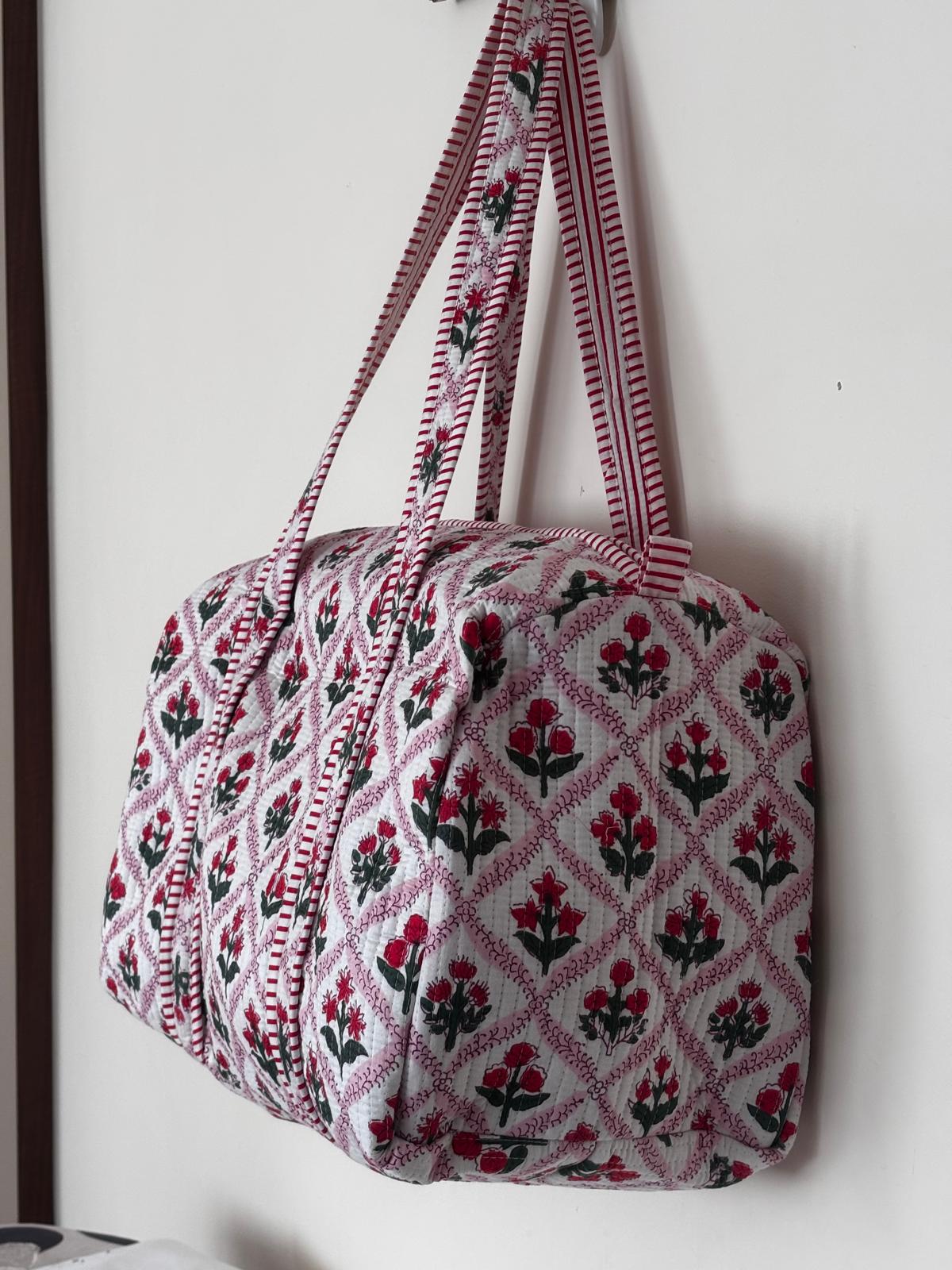 Red Floral Quilted Weekender Bag | Handmade Block Print Cotton Travel Duffel
