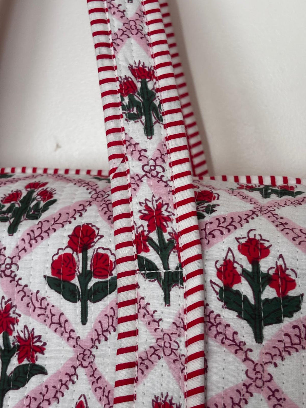 Red Floral Quilted Weekender Bag | Handmade Block Print Cotton Travel Duffel