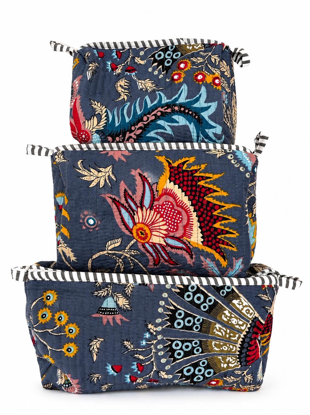 3-Piece Quilted Cotton Makeup Bag Set for Women | Floral Cosmetic Bags | Travel Toiletry Organiser | Large Medium Small Zipper Pouches | Makeup Storage Case | Toiletry Wash Bag | Skincare Organiser | Gift for Her | Lightweight & Reusable