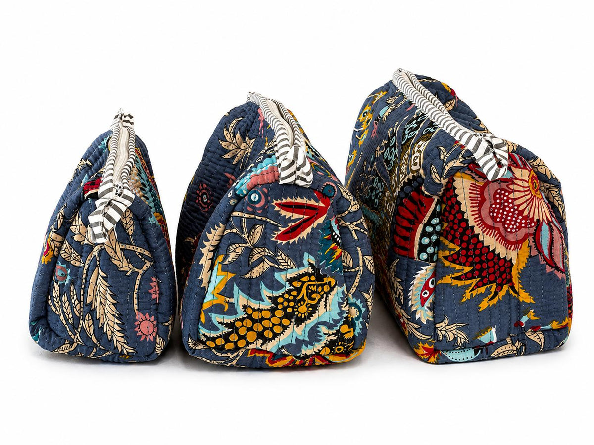 3-Piece Quilted Cotton Makeup Bag Set for Women | Floral Cosmetic Bags | Travel Toiletry Organiser | Large Medium Small Zipper Pouches | Makeup Storage Case | Toiletry Wash Bag | Skincare Organiser | Gift for Her | Lightweight & Reusable