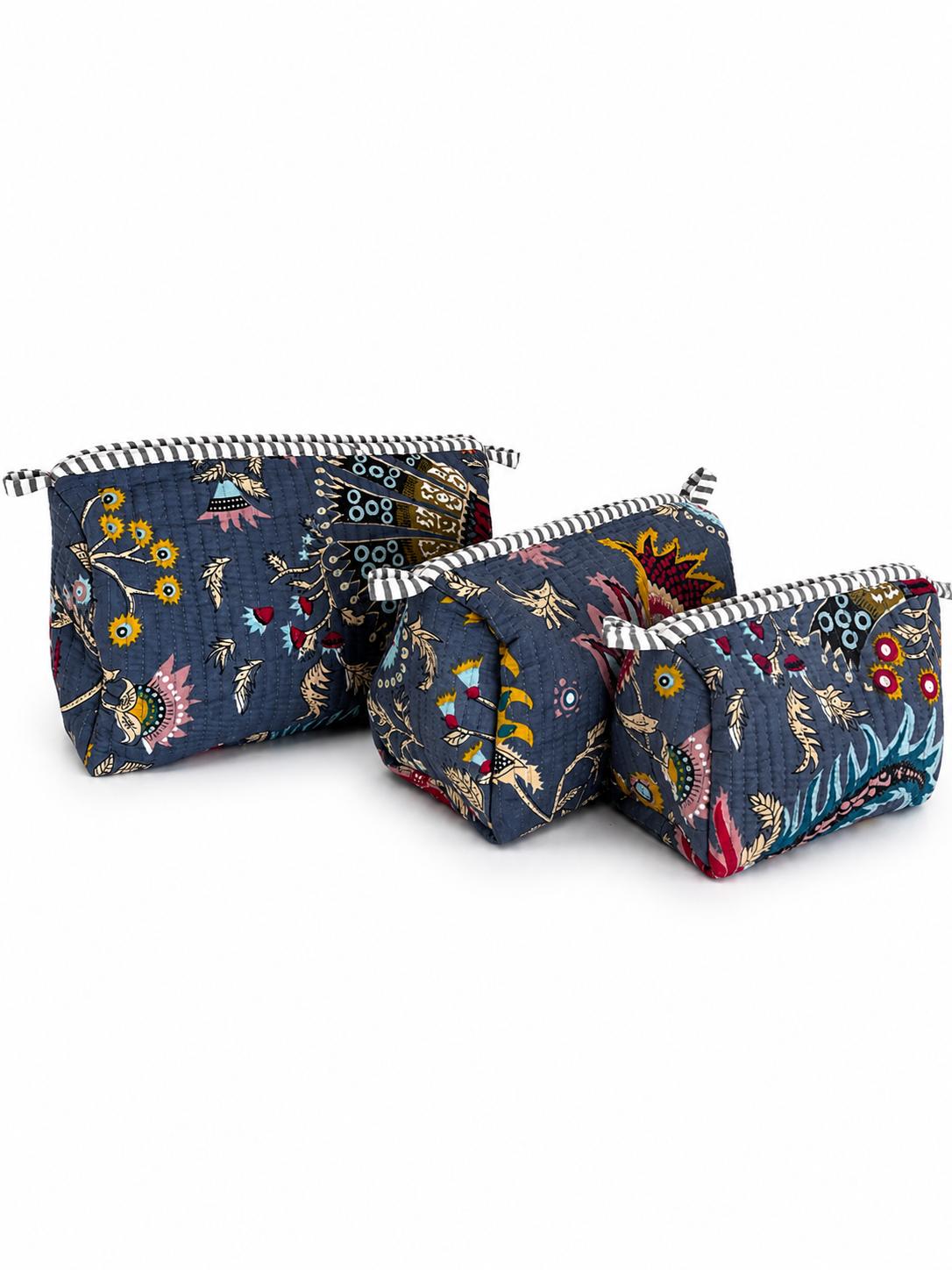 3-Piece Quilted Cotton Makeup Bag Set for Women | Floral Cosmetic Bags | Travel Toiletry Organiser | Large Medium Small Zipper Pouches | Makeup Storage Case | Toiletry Wash Bag | Skincare Organiser | Gift for Her | Lightweight & Reusable