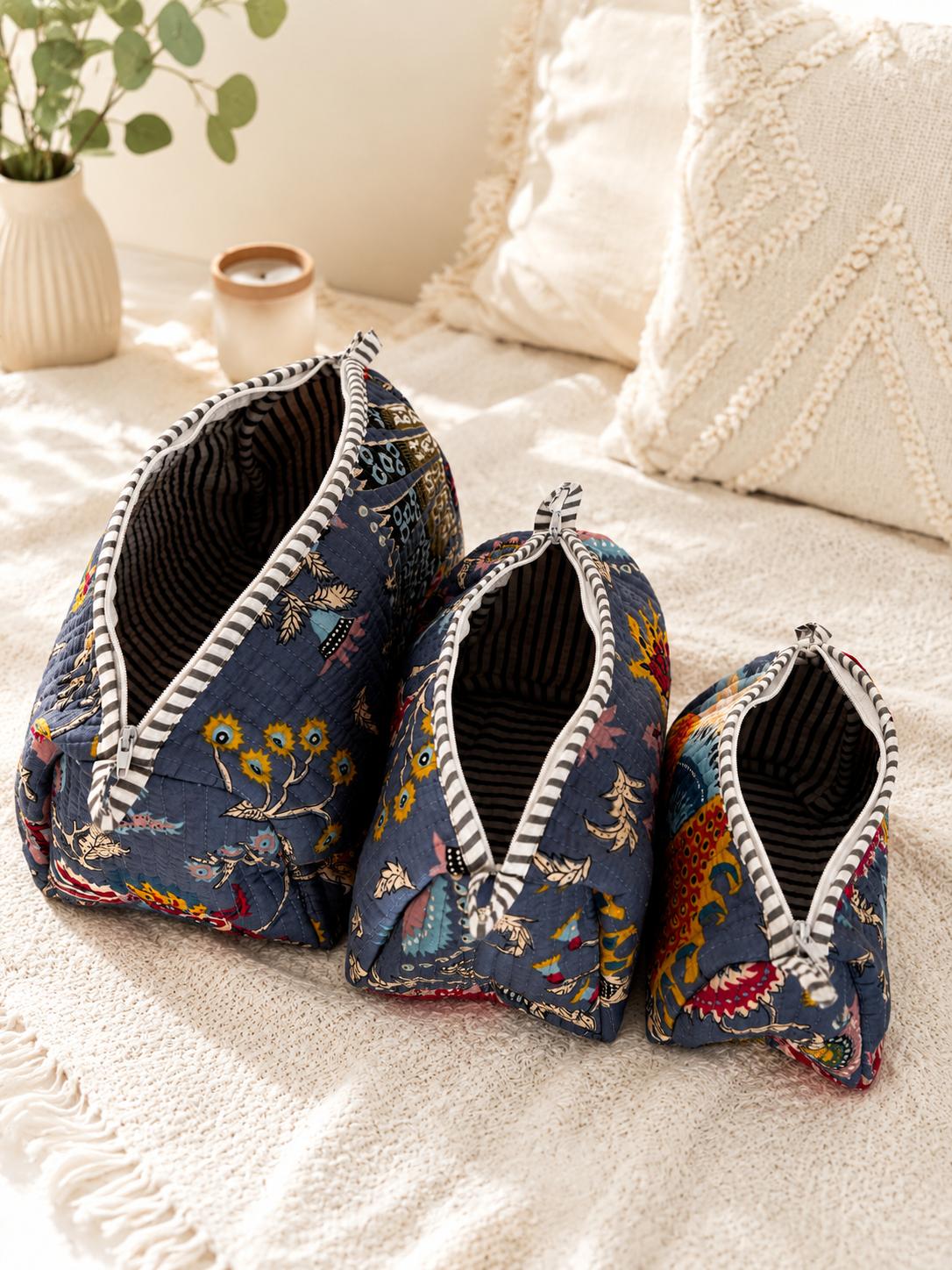 3-Piece Quilted Cotton Makeup Bag Set for Women | Floral Cosmetic Bags | Travel Toiletry Organiser | Large Medium Small Zipper Pouches | Makeup Storage Case | Toiletry Wash Bag | Skincare Organiser | Gift for Her | Lightweight & Reusable