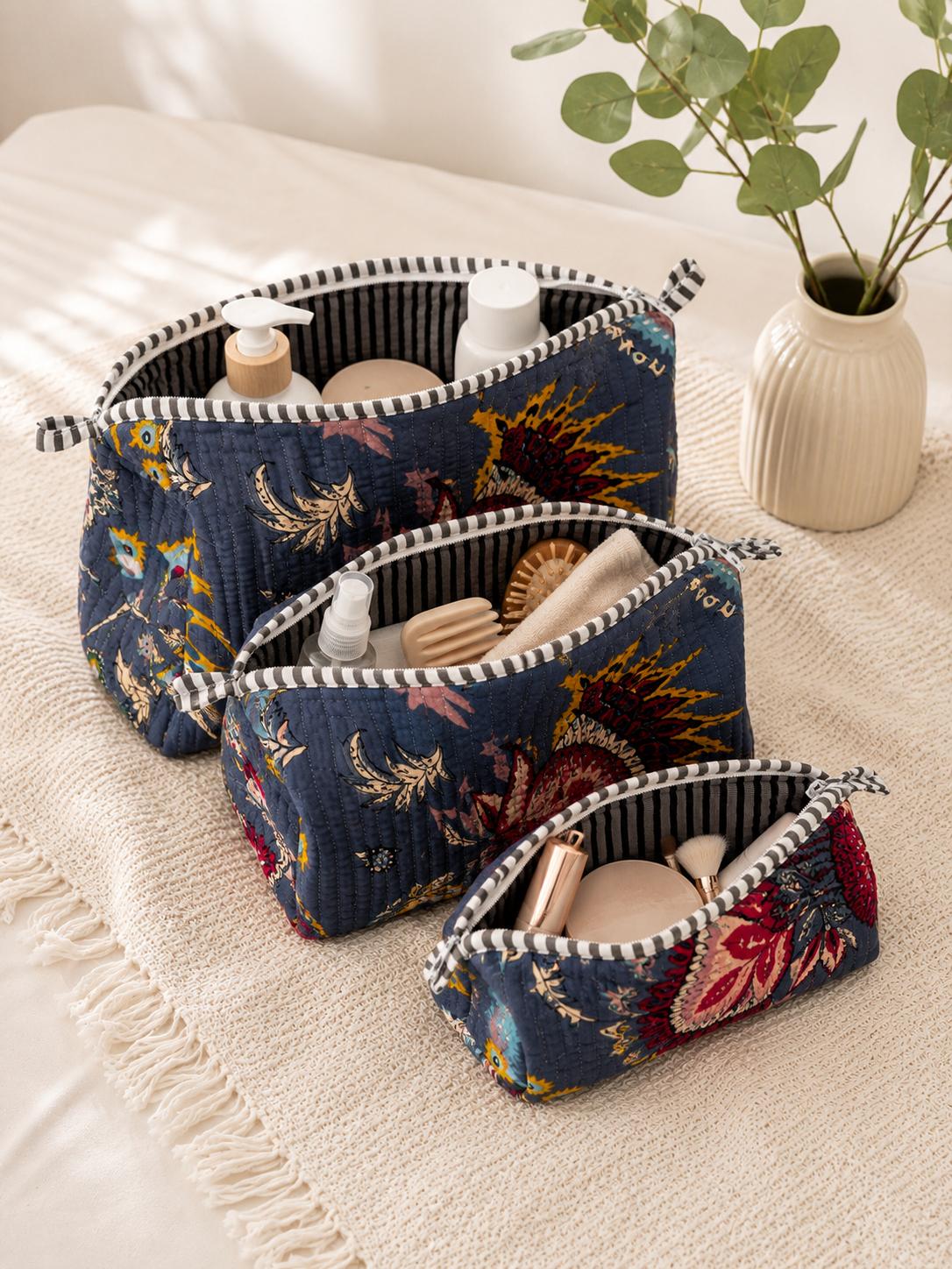 3-Piece Quilted Cotton Makeup Bag Set for Women | Floral Cosmetic Bags | Travel Toiletry Organiser | Large Medium Small Zipper Pouches | Makeup Storage Case | Toiletry Wash Bag | Skincare Organiser | Gift for Her | Lightweight & Reusable