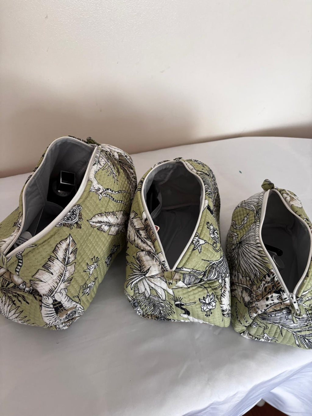 Quilted Cotton Toiletry Bag Set of 3 – Safari Jungle Print Makeup & Travel Cosmetic