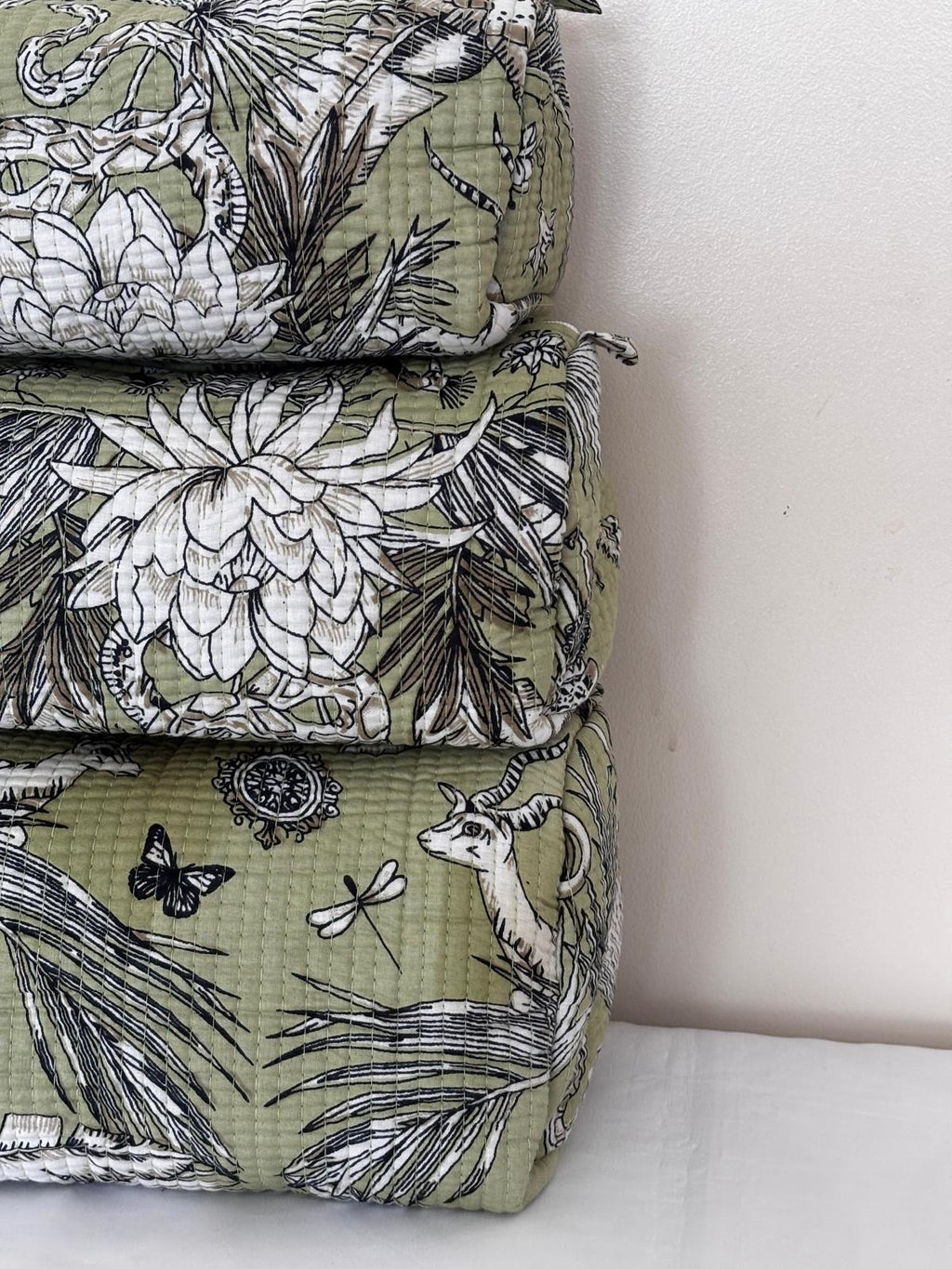Quilted Cotton Toiletry Bag Set of 3 – Safari Jungle Print Makeup & Travel Cosmetic