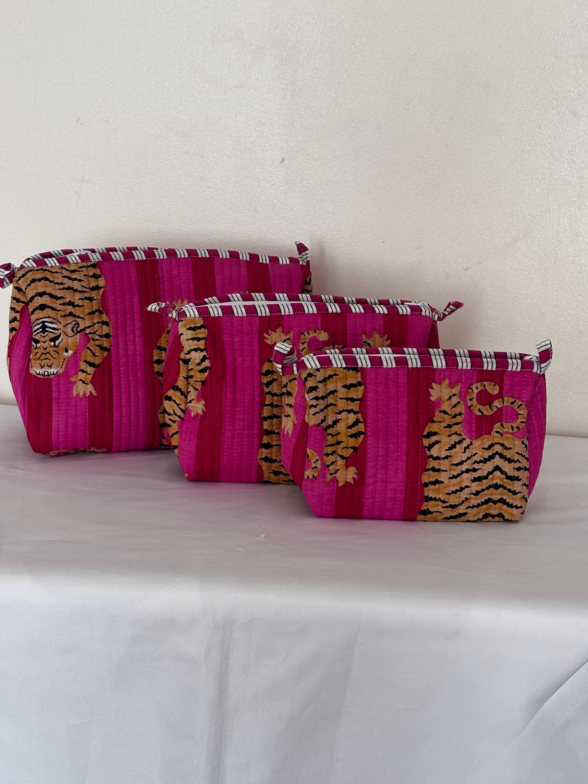 Tiger Print Quilted Cotton Makeup Bag Set of 3 | Handmade Cotton Cosmetic Bags | Travel Toiletry Pouch | Makeup Organiser | Gift for Women