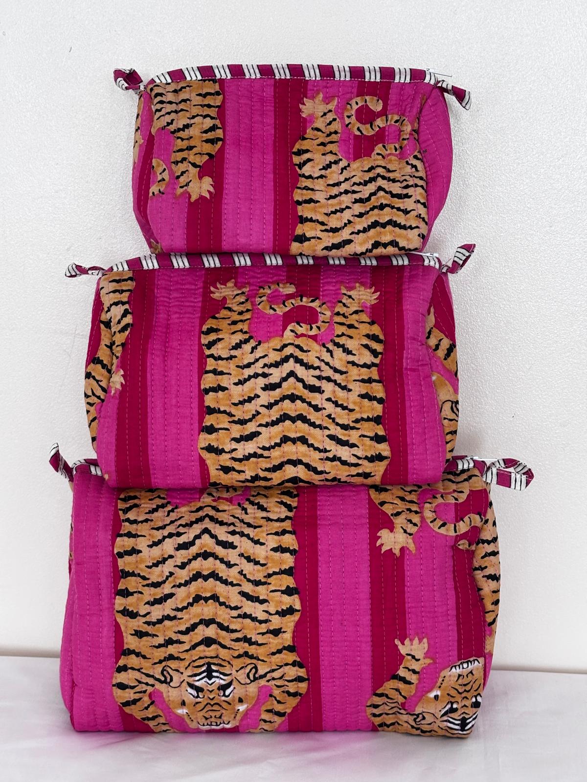 Tiger Print Quilted Cotton Makeup Bag Set of 3 | Handmade Cotton Cosmetic Bags | Travel Toiletry Pouch | Makeup Organiser | Gift for Women
