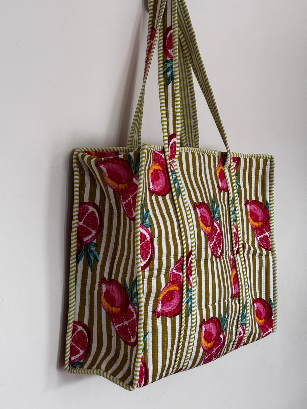 Quilted Cotton Tote Bag for Women | Large Pomegranate Print Shoulder Bag | Reusable Shopping, Beach, Travel & Everyday Handbag