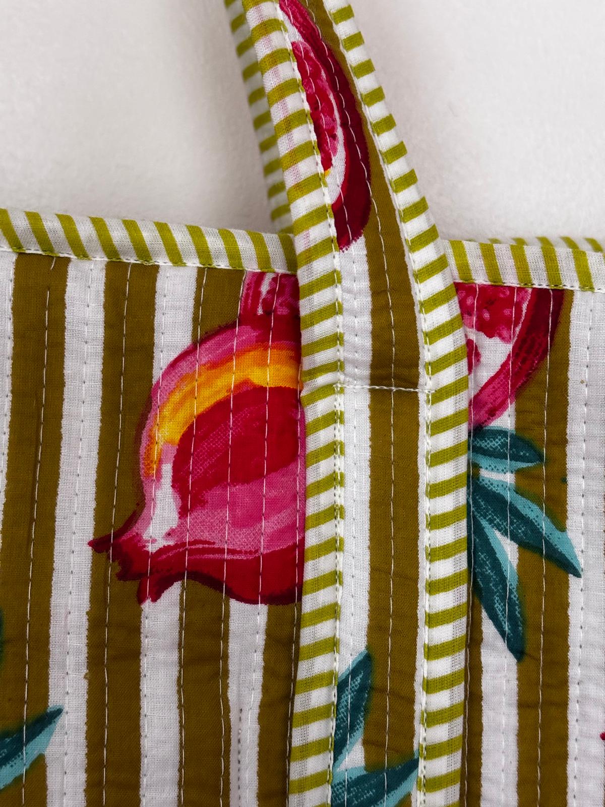 Quilted Cotton Tote Bag for Women | Large Pomegranate Print Shoulder Bag | Reusable Shopping, Beach, Travel & Everyday Handbag