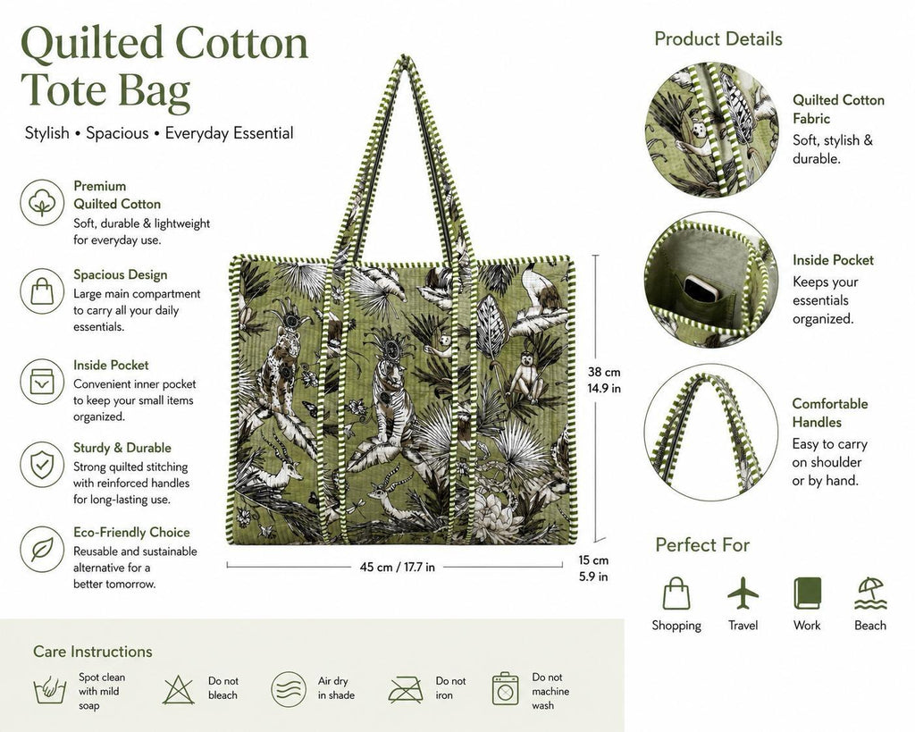 Green Jungle Print Quilted Tote Bag | Cotton Shoulder Bag for Women | Large Shopping Bag & Travel Tote