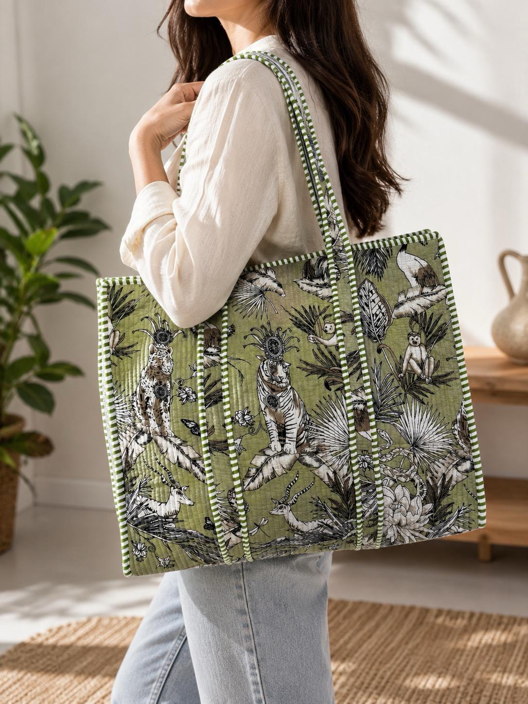 Green Jungle Print Quilted Tote Bag | Cotton Shoulder Bag for Women | Large Shopping Bag & Travel Tote