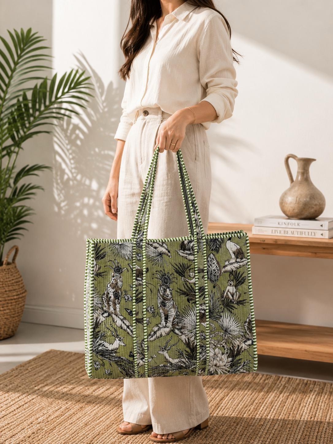 Green Jungle Print Quilted Tote Bag | Cotton Shoulder Bag for Women | Large Shopping Bag & Travel Tote