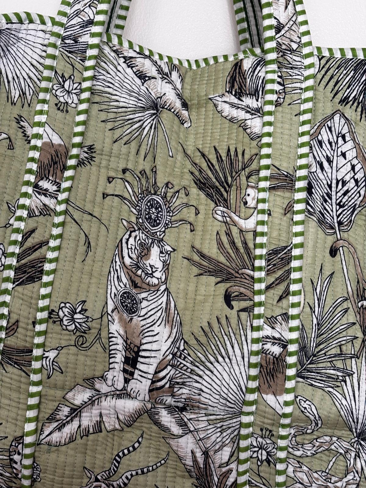 Green Jungle Print Quilted Tote Bag | Cotton Shoulder Bag for Women | Large Shopping Bag & Travel Tote