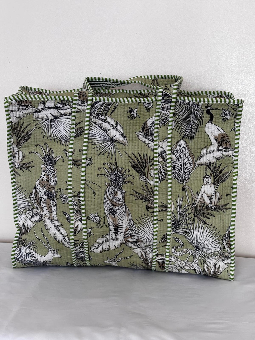 Green Jungle Print Quilted Tote Bag | Cotton Shoulder Bag for Women | Large Shopping Bag & Travel Tote