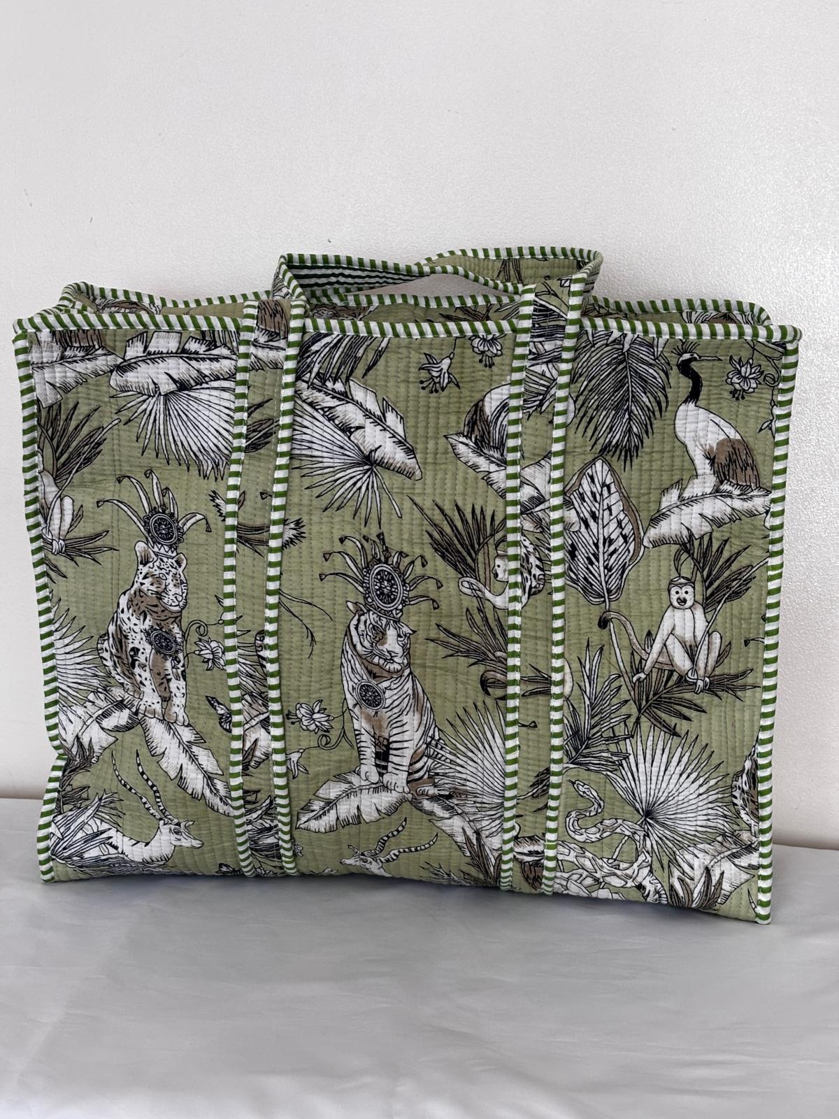 Green Jungle Print Quilted Tote Bag | Cotton Shoulder Bag for Women | Large Shopping Bag & Travel Tote