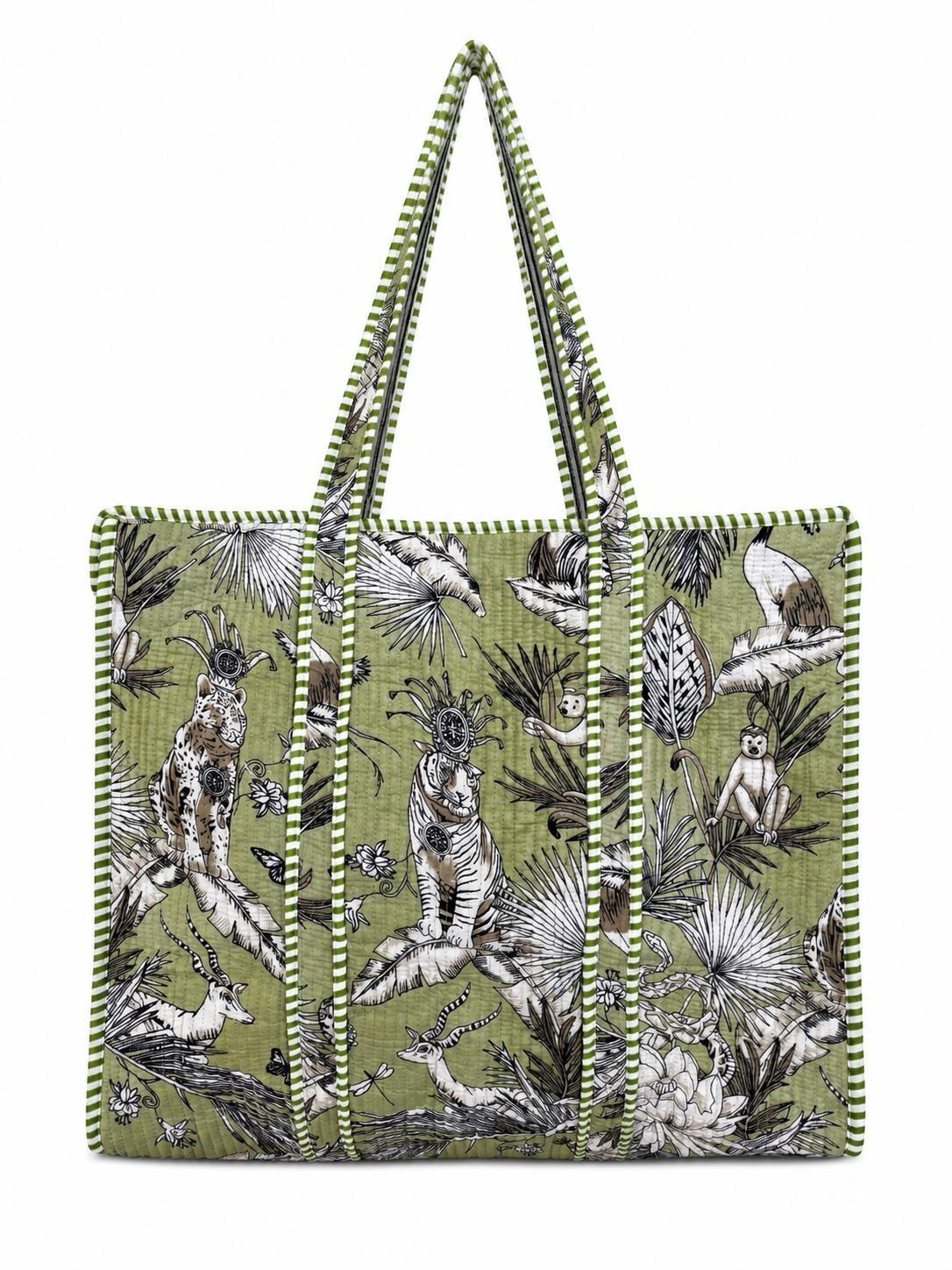 Green Jungle Print Quilted Tote Bag | Cotton Shoulder Bag for Women | Large Shopping Bag & Travel Tote