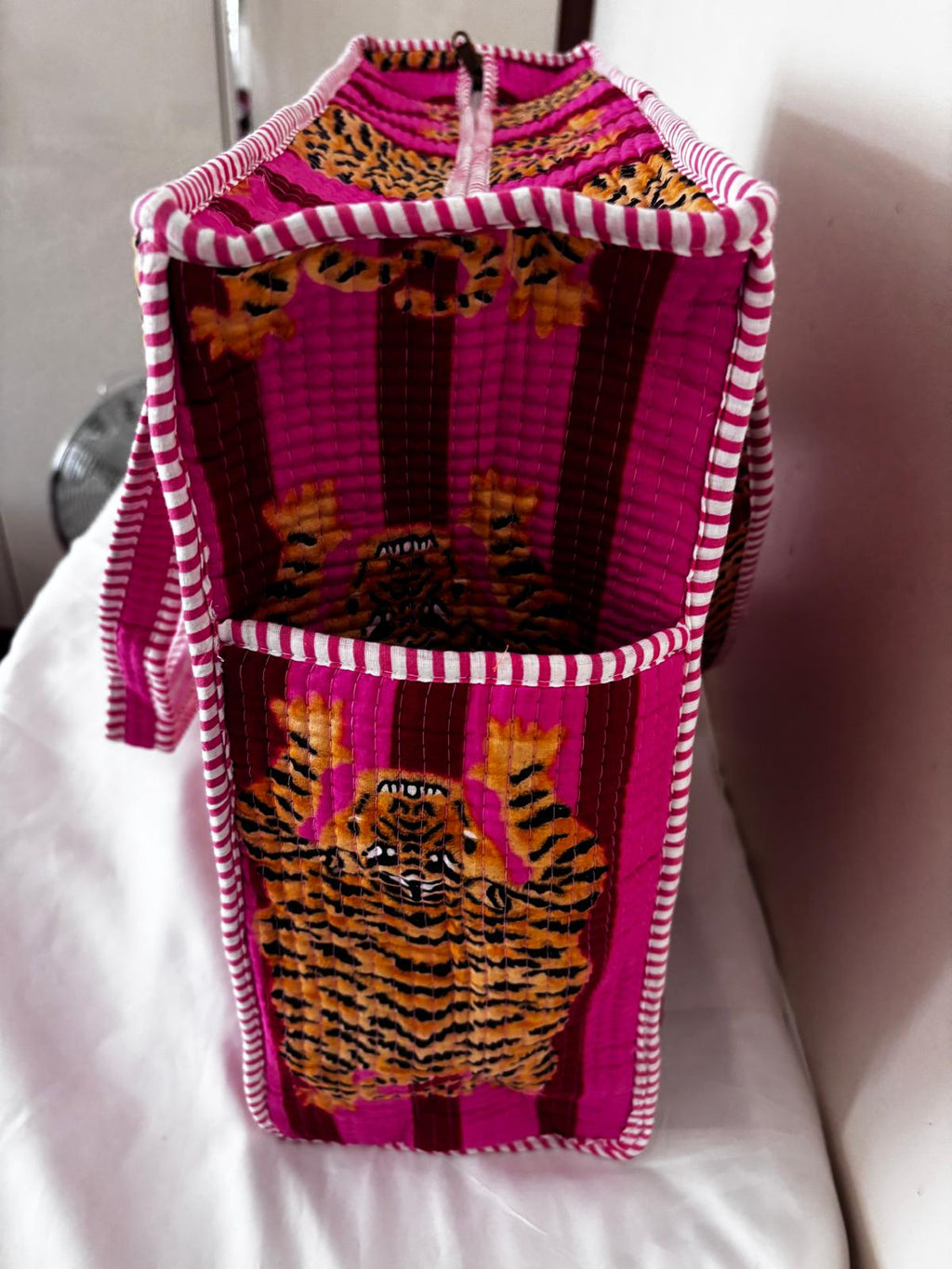 Handmade Quilted Cotton Tote Bag for Women, Pink Tiger Print Shopper Bag, Large Reusable Shoulder Bag, Boho Beach Shopping Tote , Eco Friendly Cotton Handbag