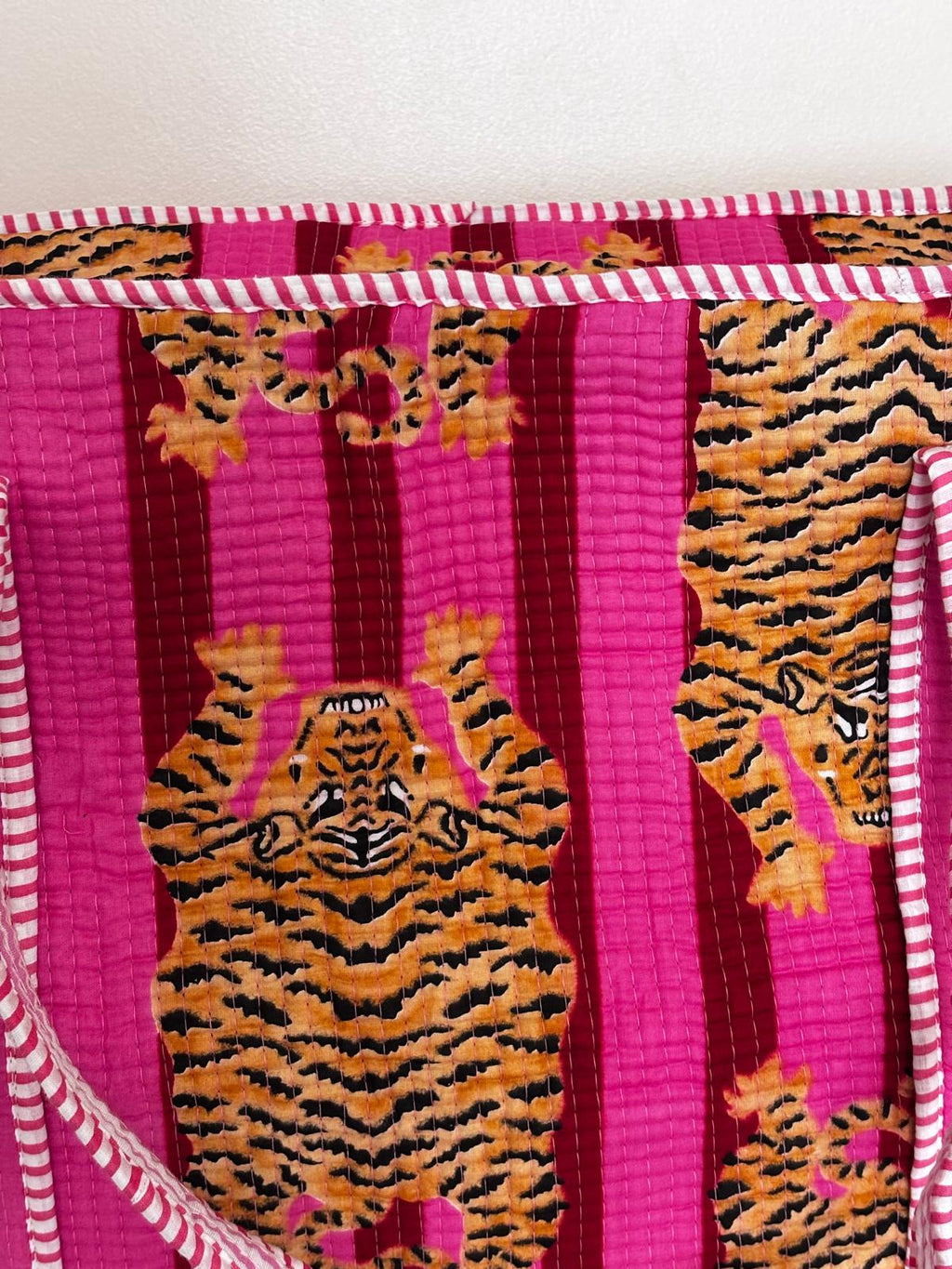 Handmade Quilted Cotton Tote Bag for Women, Pink Tiger Print Shopper Bag, Large Reusable Shoulder Bag, Boho Beach Shopping Tote , Eco Friendly Cotton Handbag