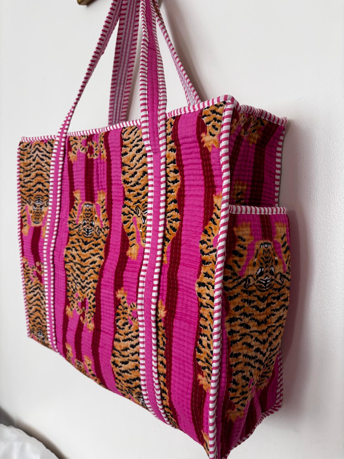 Handmade Quilted Cotton Tote Bag for Women, Pink Tiger Print Shopper Bag, Large Reusable Shoulder Bag, Boho Beach Shopping Tote , Eco Friendly Cotton Handbag
