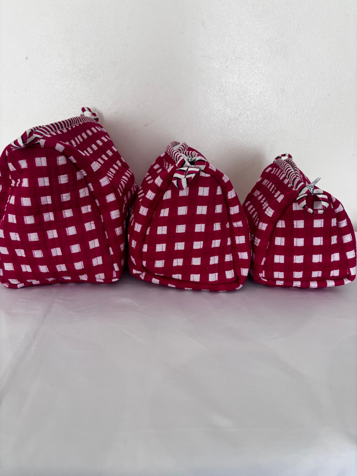 3-Piece Quilted Cotton Travel Pouch Set – Red Checkered Cosmetic & Toiletry Bags, Makeup Organizer, Passport & Accessories Storage