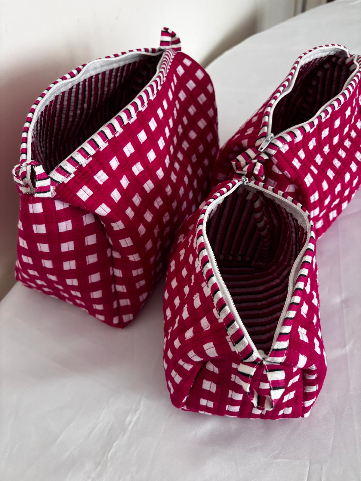 3-Piece Quilted Cotton Travel Pouch Set – Red Checkered Cosmetic & Toiletry Bags, Makeup Organizer, Passport & Accessories Storage