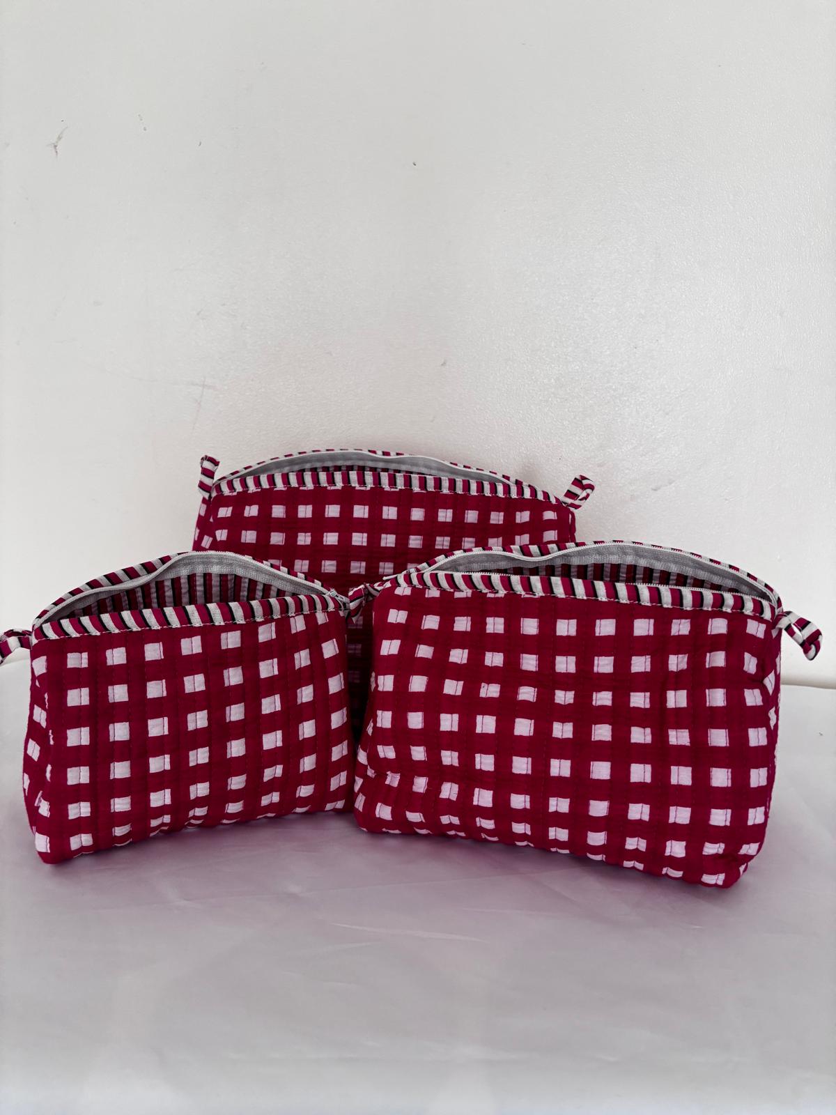 3-Piece Quilted Cotton Travel Pouch Set – Red Checkered Cosmetic & Toiletry Bags, Makeup Organizer, Passport & Accessories Storage
